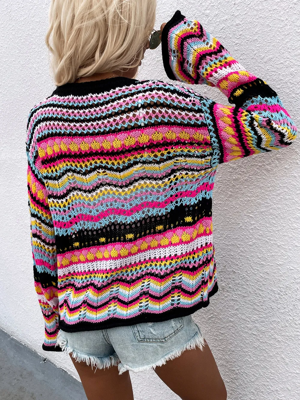 Chevron Stripes Openwork Cardigan, image 6
