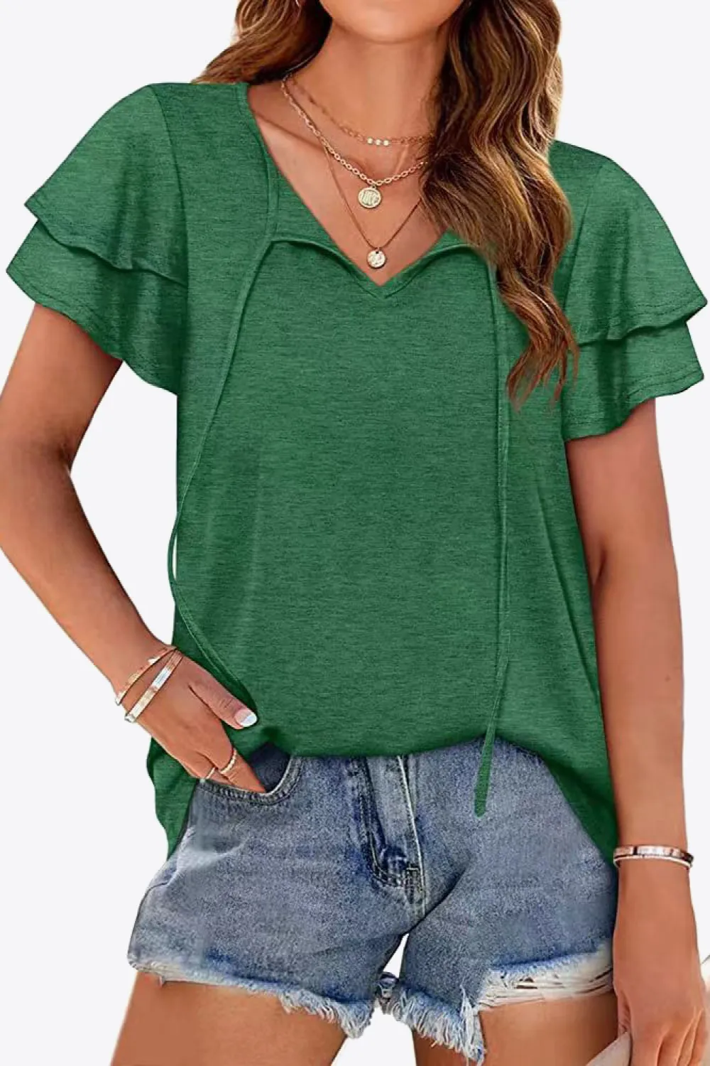 Tie-Neck Layered Flutter Sleeve Blouse, image 22