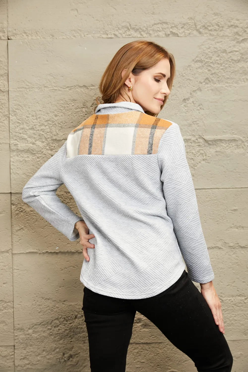Spliced Plaid Quarter-Snap Mock Neck Top, image 7