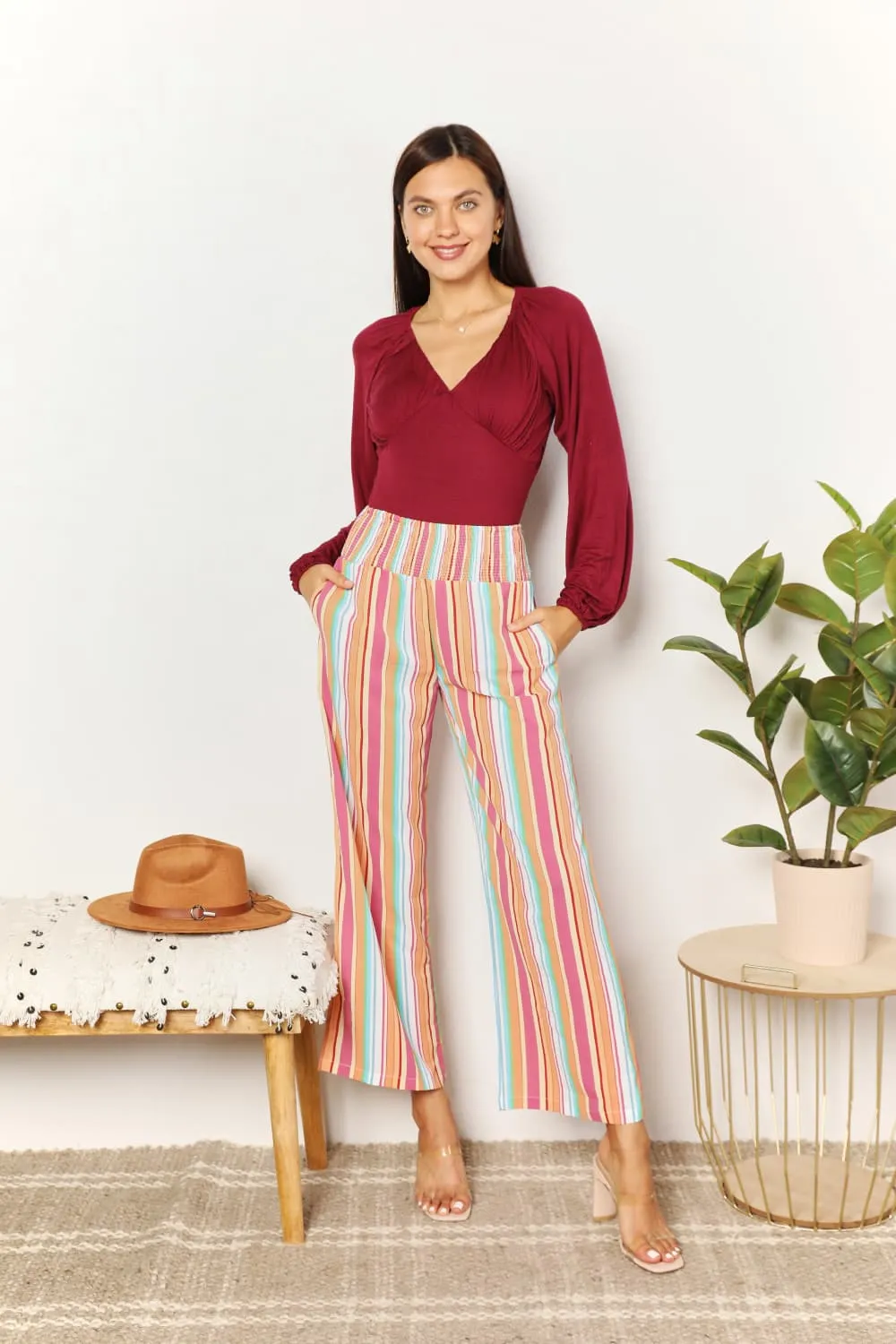 Striped Smocked Waist Pants with Pockets, image 8