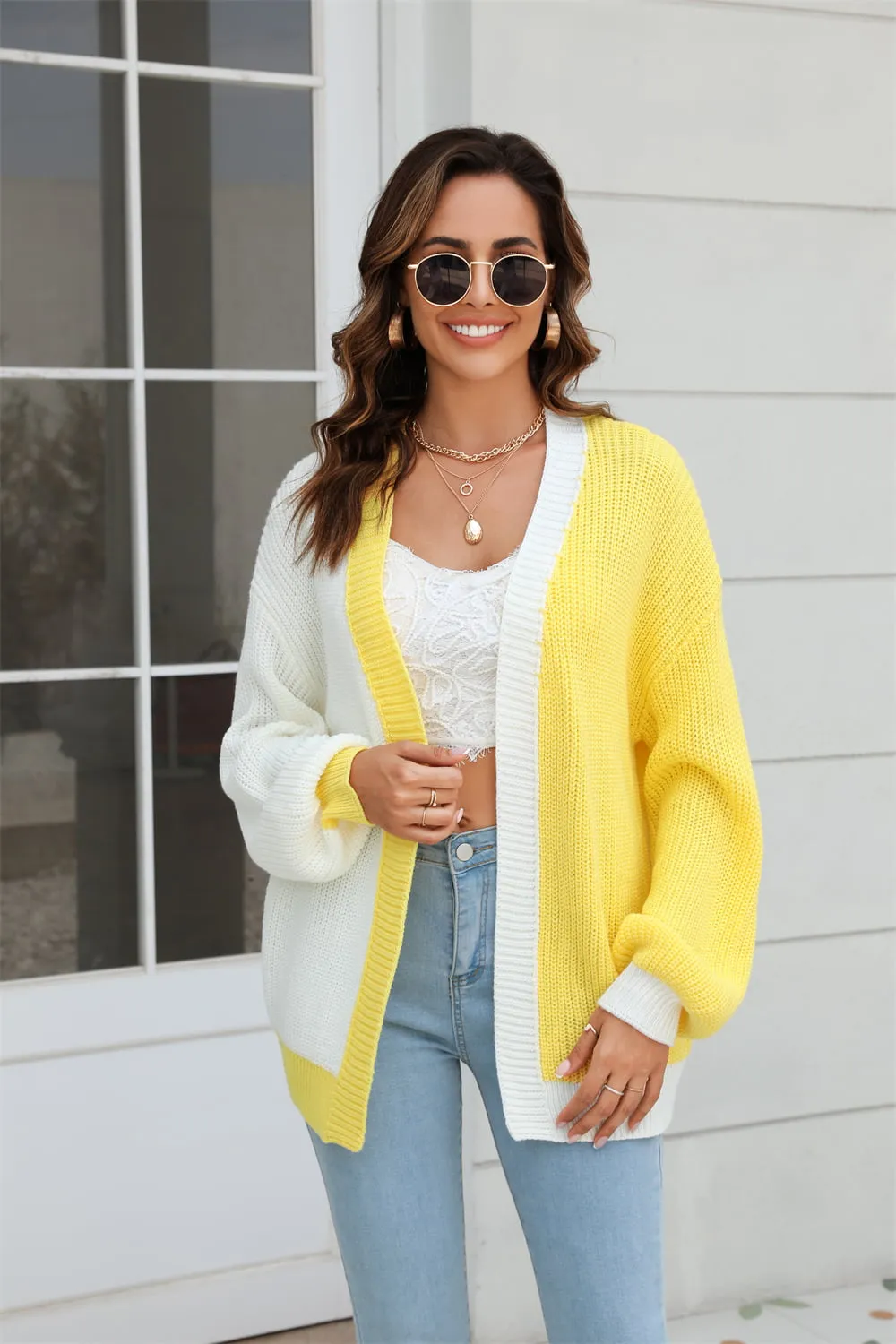 Open Front Contrast Color Balloon Sleeve Cardigan, image 6