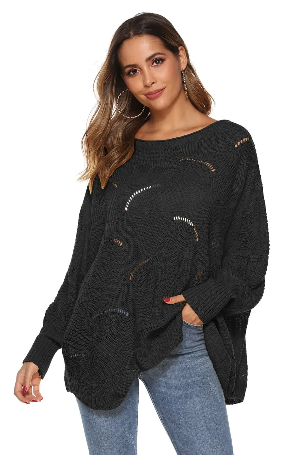 Round Neck Long Sleeve Openwork Sweater, image 2