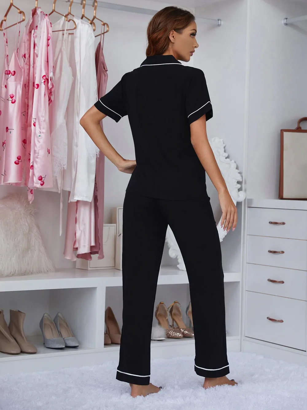 Contrast Piping Lapel Collar Short Sleeve Top and Pants Pajama Set, image 2