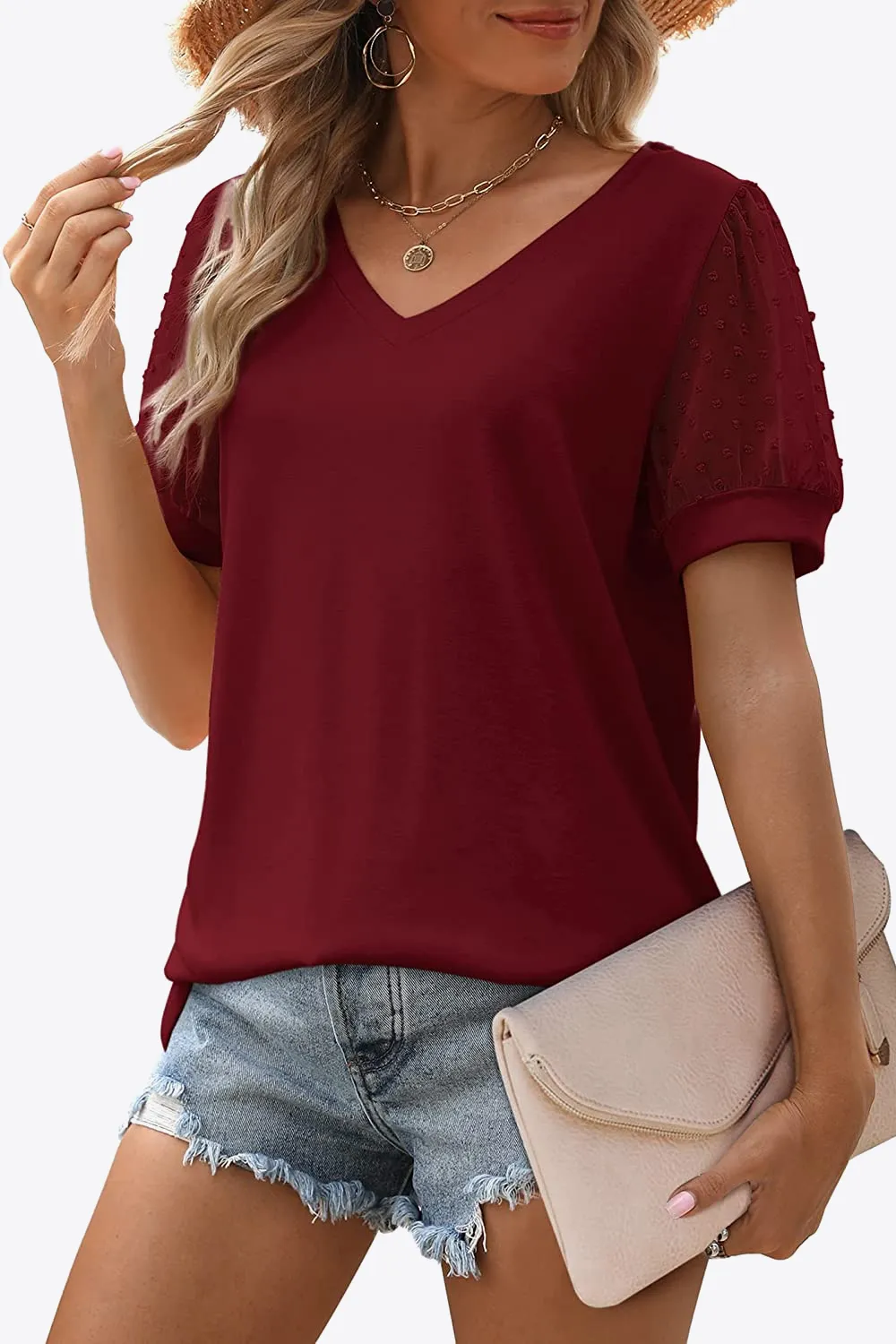 Swiss Dot Puff Sleeve V-Neck Tee, image 30