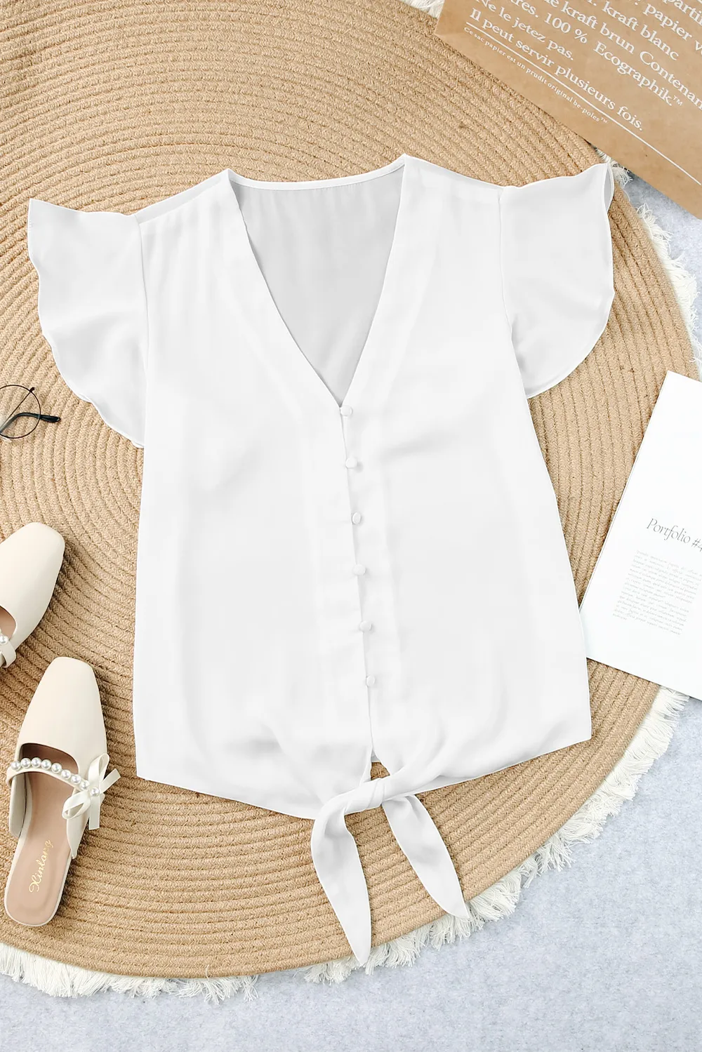 V-Neck Tie Hem Flutter Sleeve Blouse, image 6