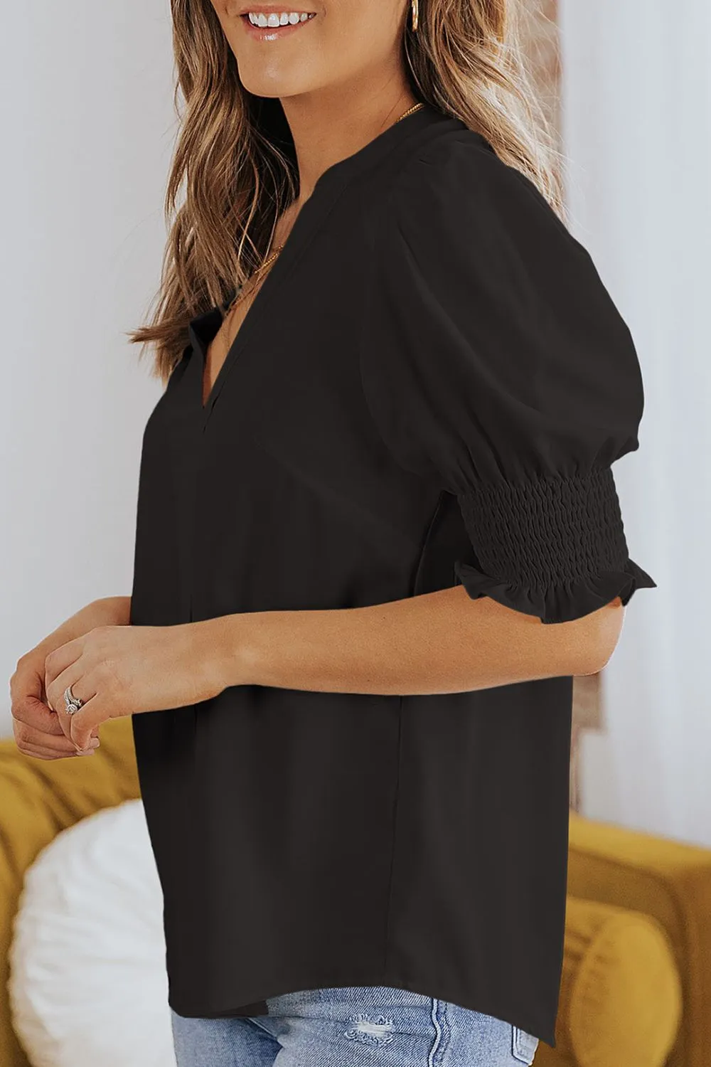 Smocked Flounce Sleeve Notched Neck Blouse, image 16
