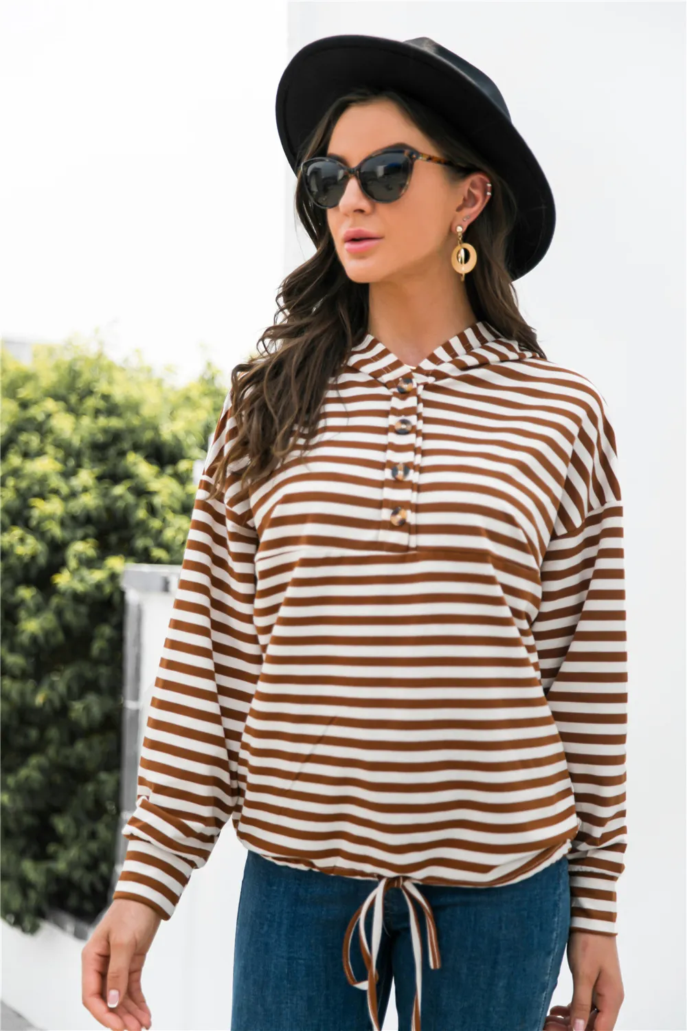 Striped Half-Button Dropped Shoulder Hoodie, image 12