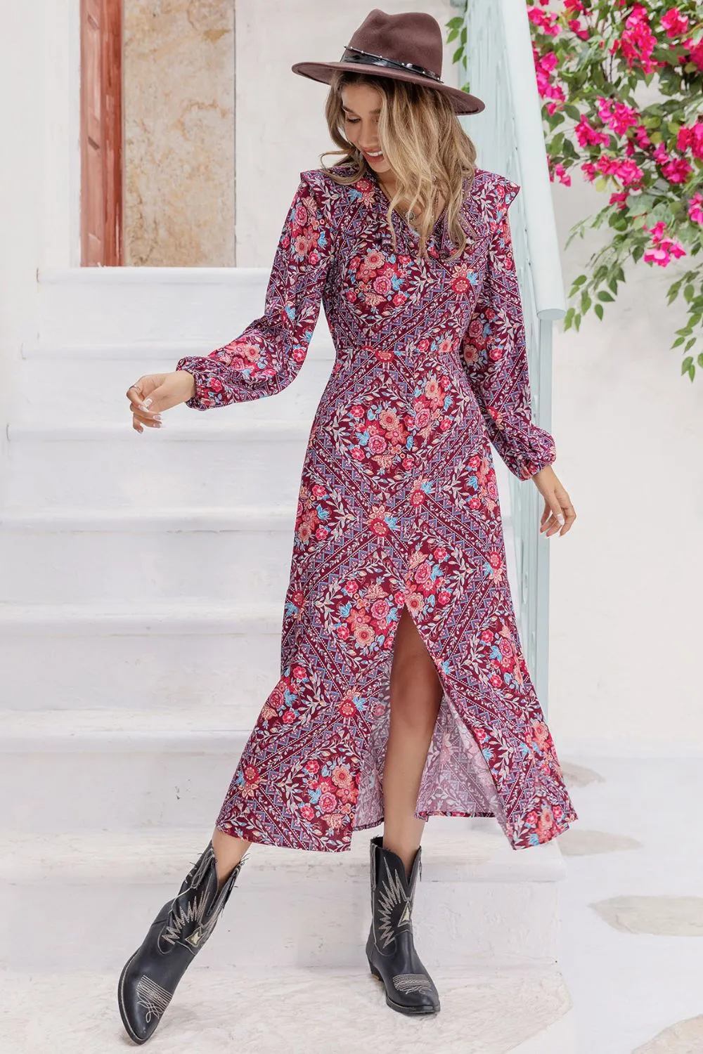 Printed Long Sleeve Slit Midi Dress, image 4