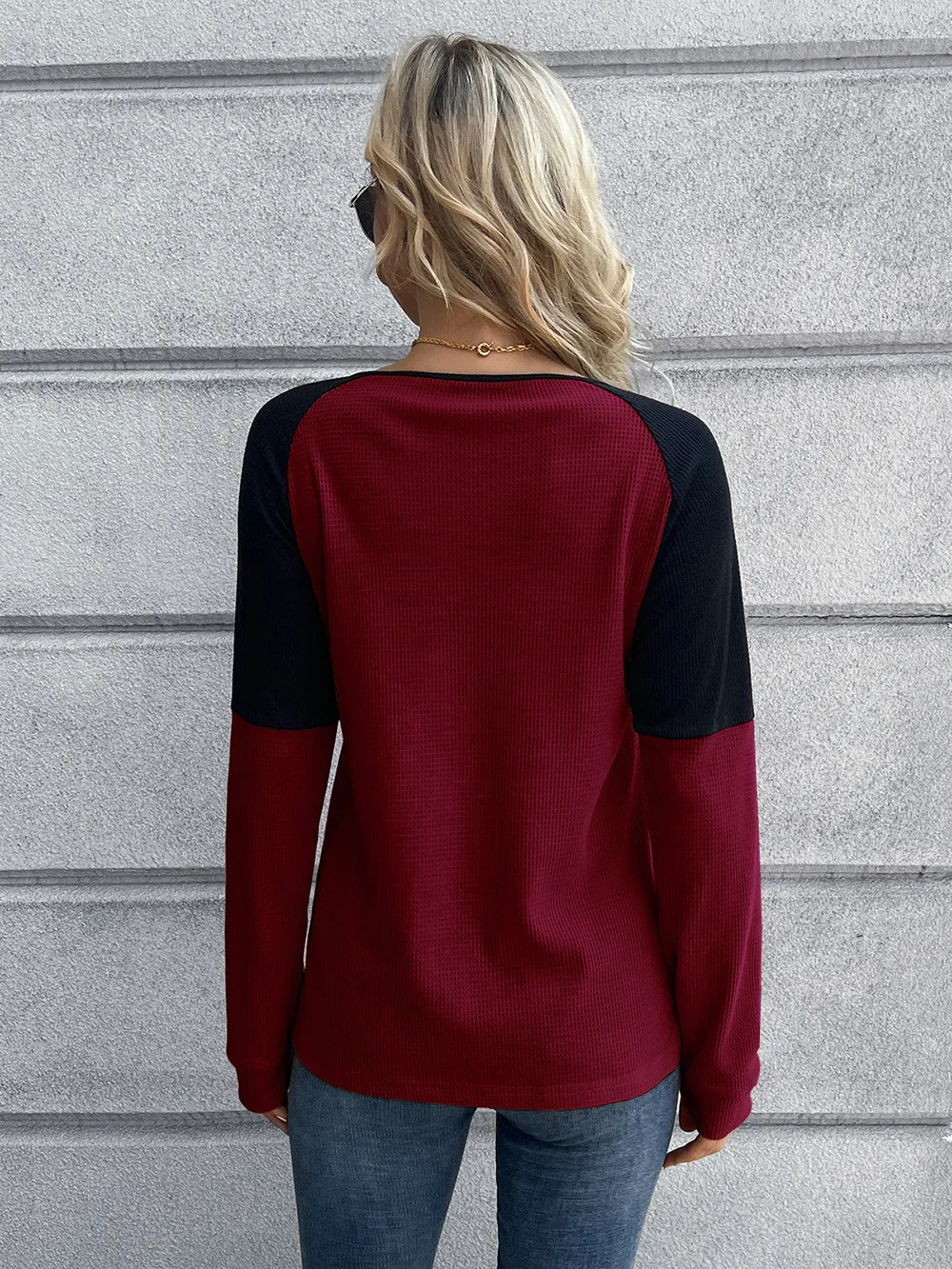 Contrast Buttoned Round Neck Raglan Sleeve Top, image 6