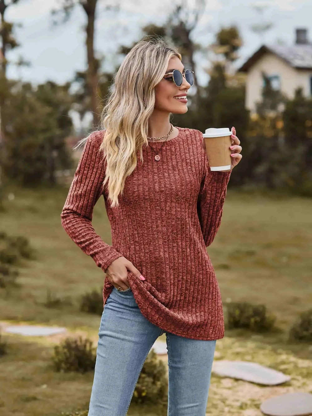 Ribbed Round Neck Long Sleeve Tee, image 7