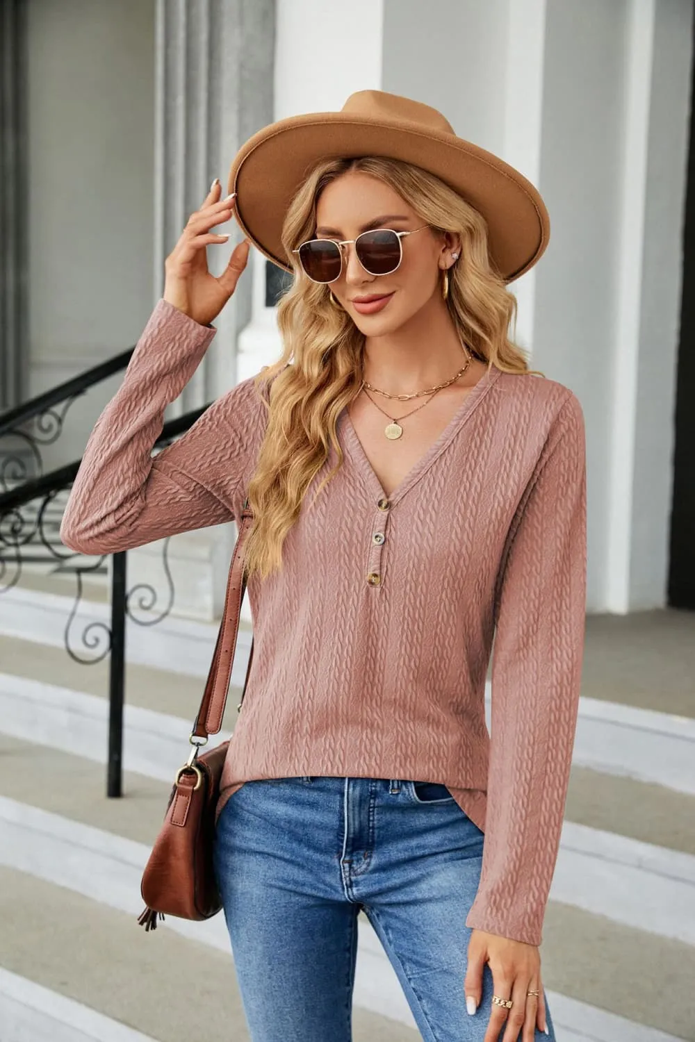 Cable-Knit Long Sleeve V-Neck T-Shirt, image 14