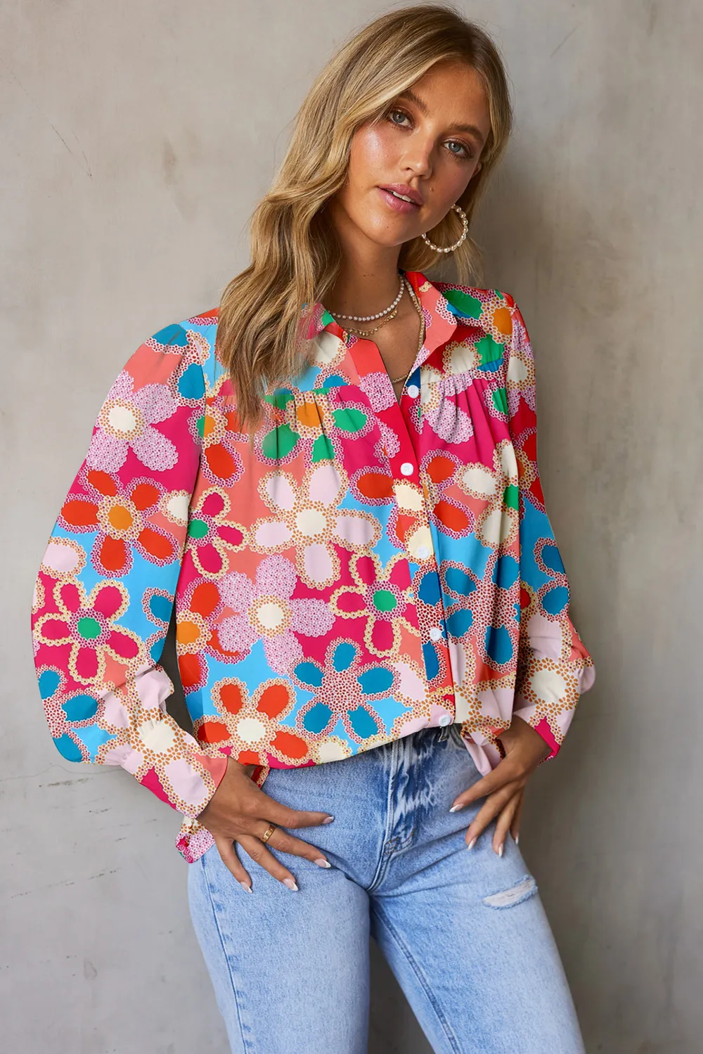 Vibrant Floral Print Lantern Sleeve Button-Down Shirt, image 3
