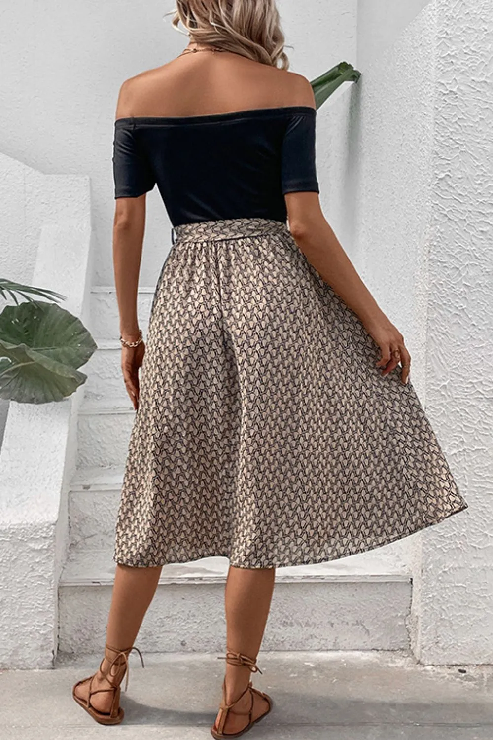 Printed Tie Belt Off-Shoulder Dress, image 2