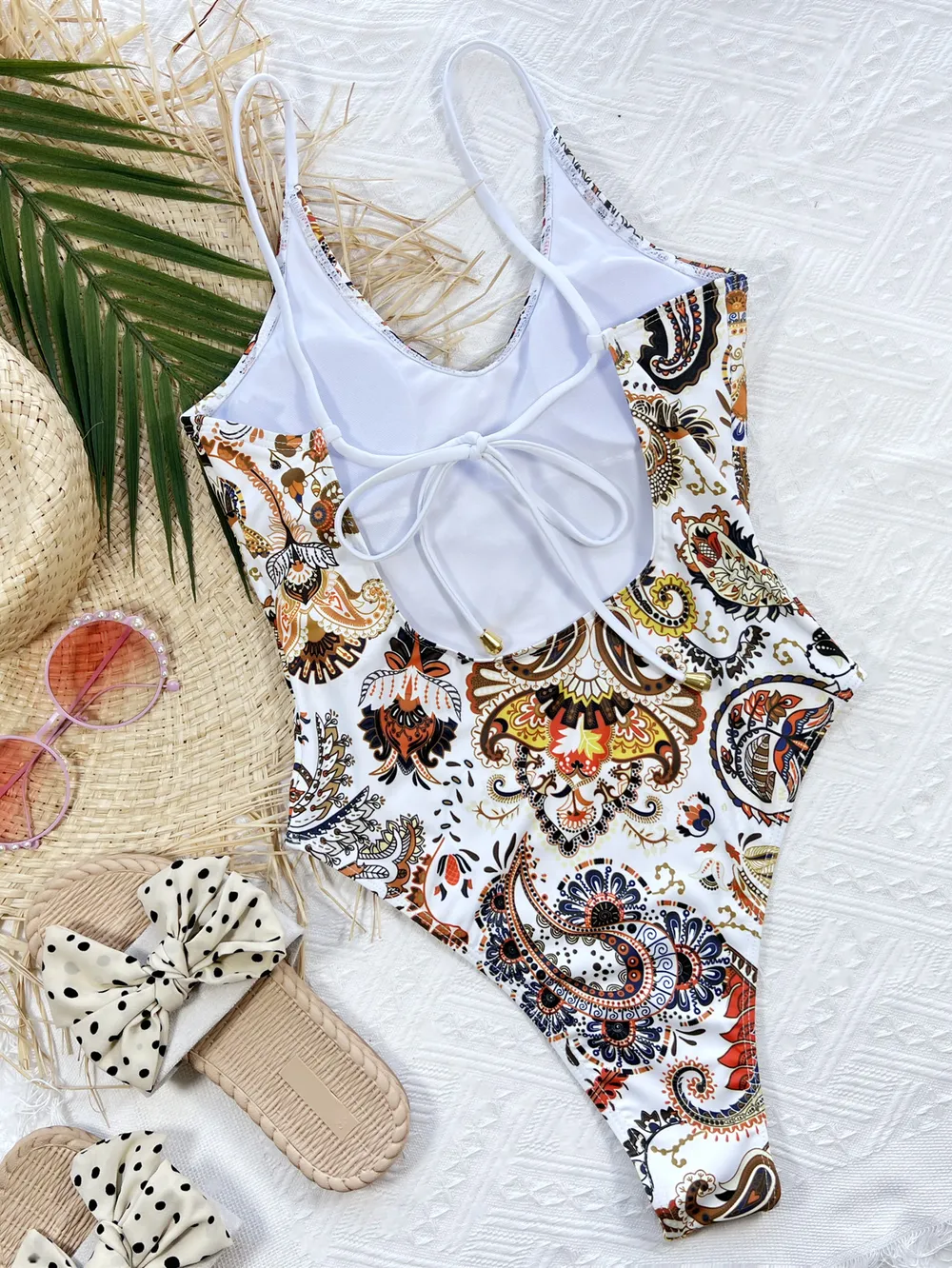 Printed Tie Back Scoop Neck One-Piece Swimsuit, image 4