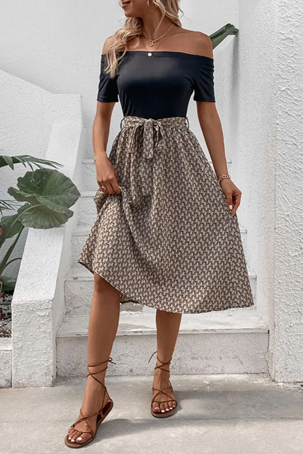 Printed Tie Belt Off-Shoulder Dress, image 5