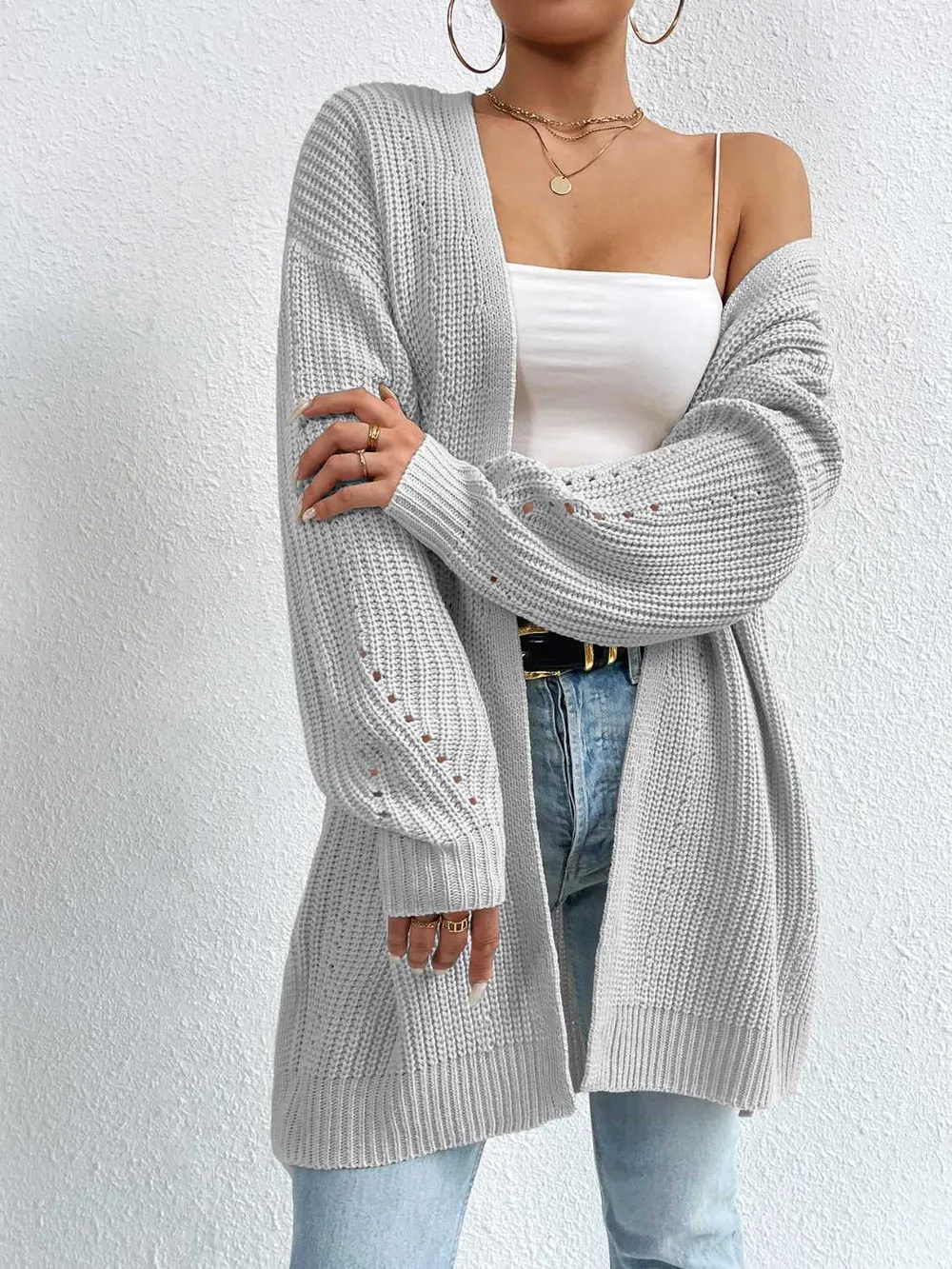 Open Front Dropped Shoulder Slit Cardigan, image 15