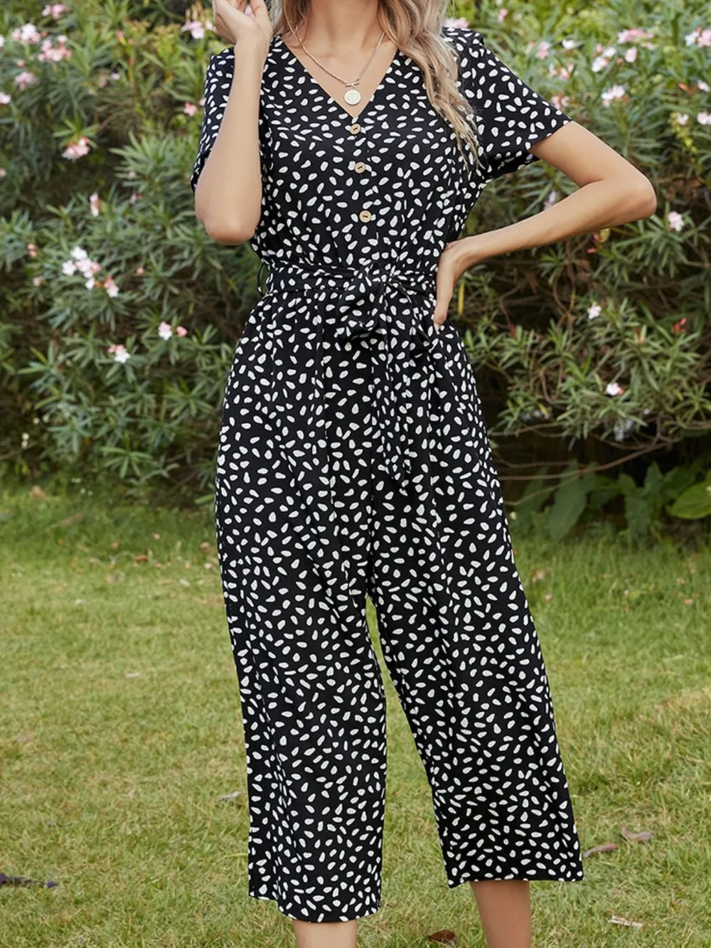 Printed V-Neck Short Sleeve Jumpsuit, image 3