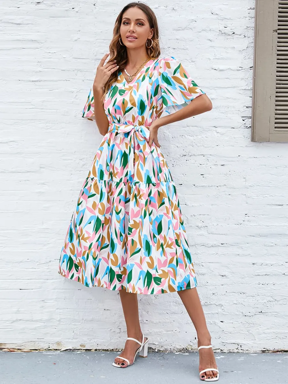 Printed Tie-Waist V-Neck Flutter Sleeve Dress, image 2