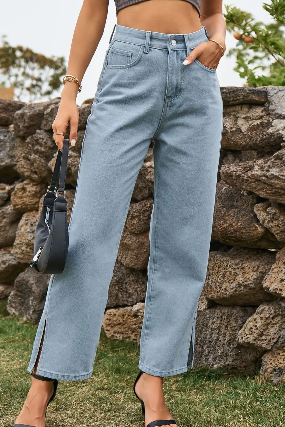 High Waist Loose Fit Ankle Slit Jeans, image 9