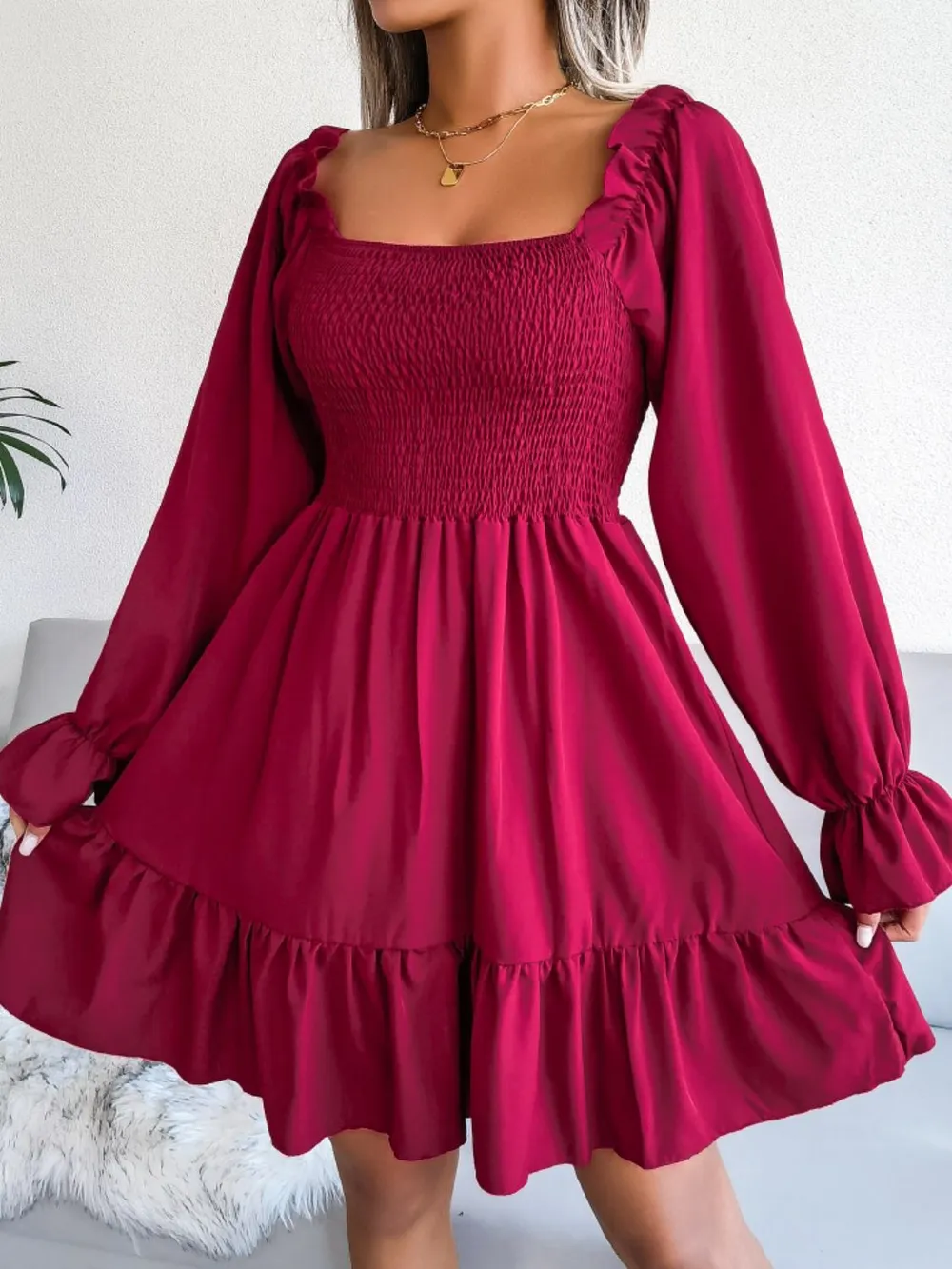 Smocked Flounce Sleeve Square Neck Dress, image 11