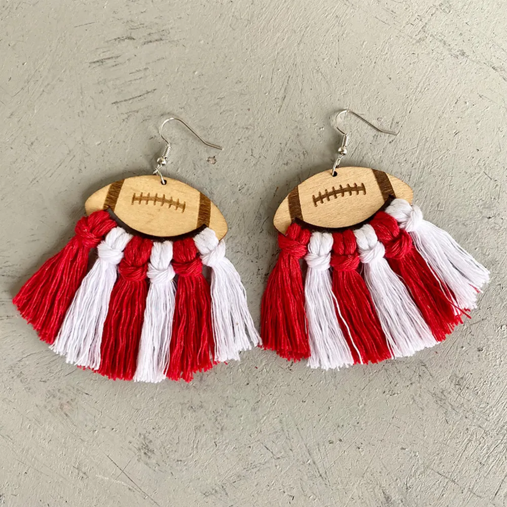 Fringe Detail Football Shape Wooden Dangle Earrings, image 6