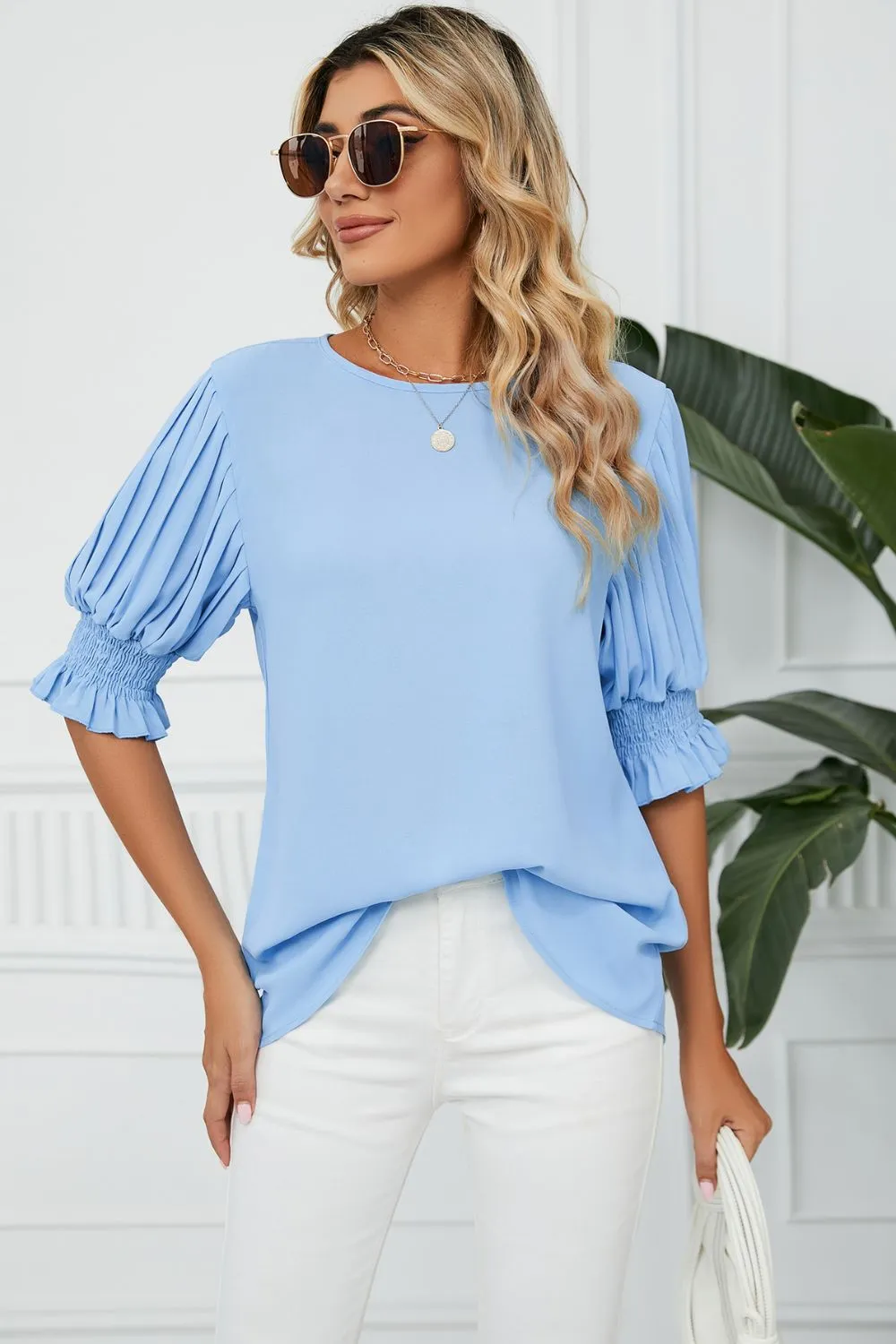 Pleated Flounce Sleeve Keyhole Blouse, image 3