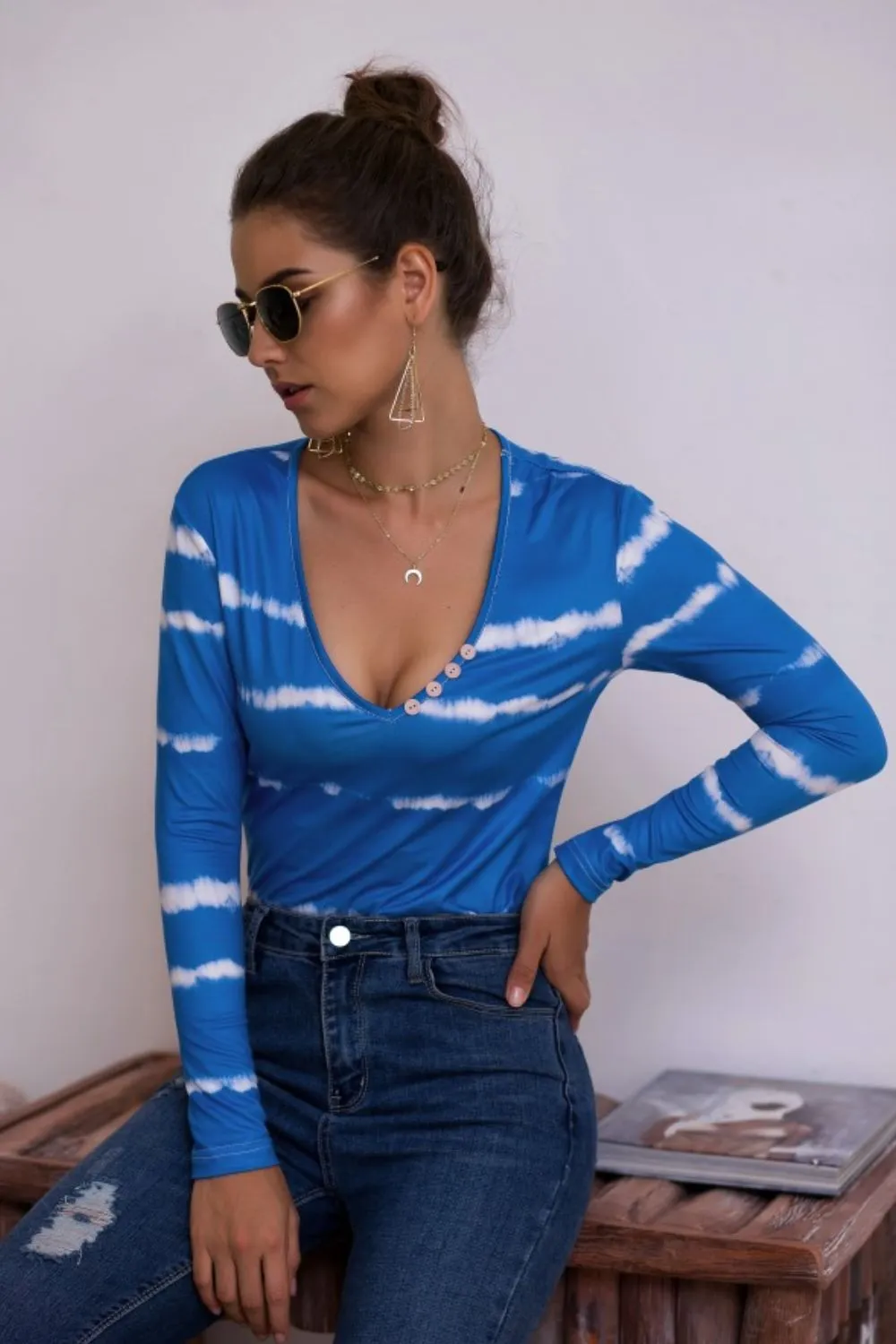 Tie-Dye Plunge Long Sleeve Top, image 14