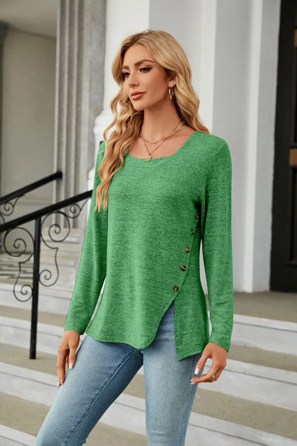 Square Neck Long Sleeve Slit T-Shirt, image 9