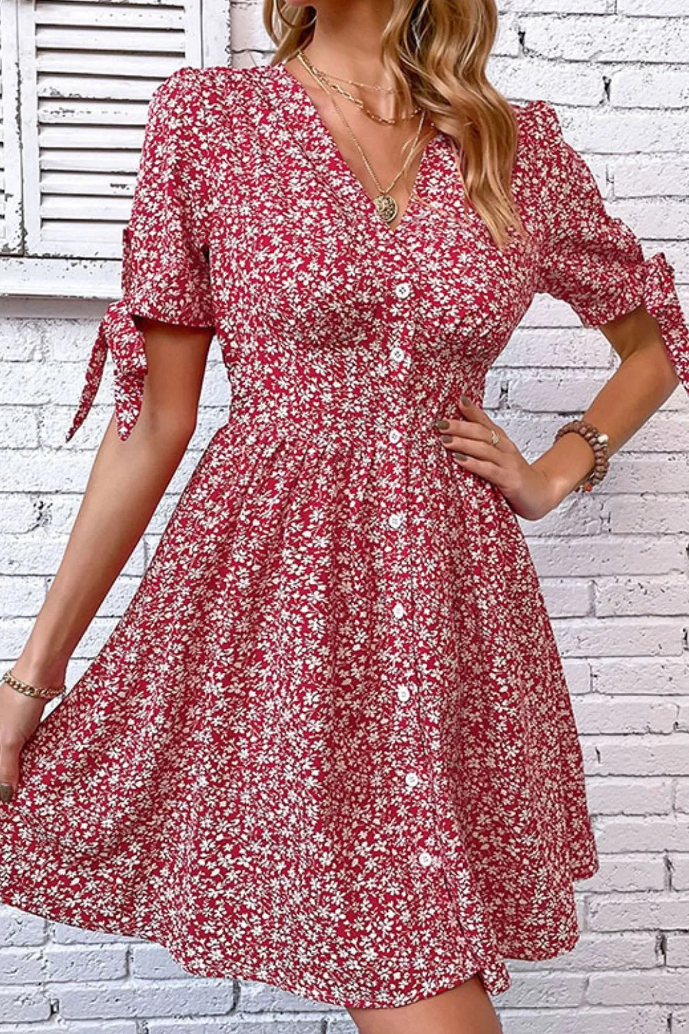 Ditsy Floral Tied Puff Sleeve Button Front Dress, image 4