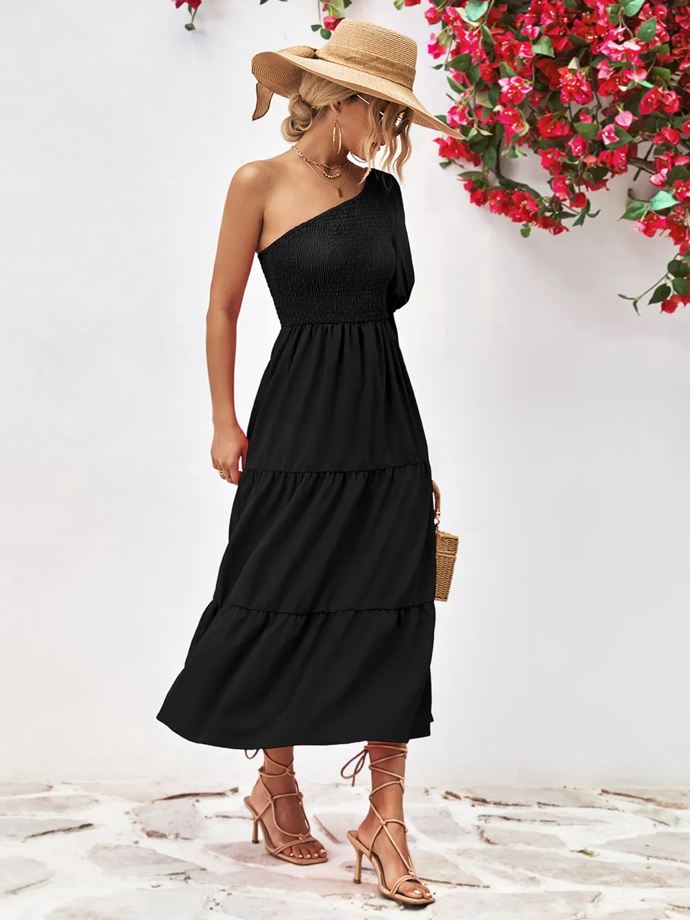 Smocked One-Shoulder Midi Dress, image 13
