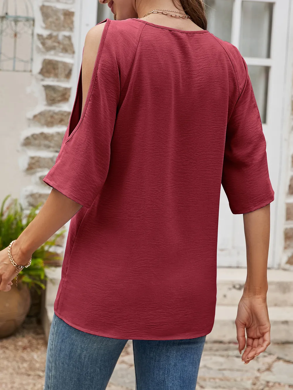 Textured Round Neck Split Sleeve Top, image 8
