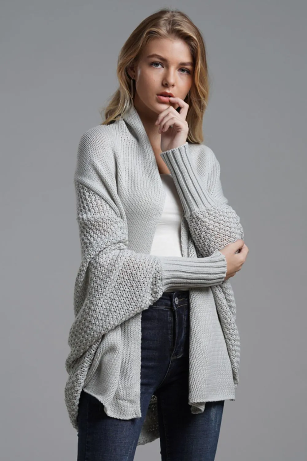 Dolman Sleeve Open Front Ribbed Trim Longline Cardigan, image 18