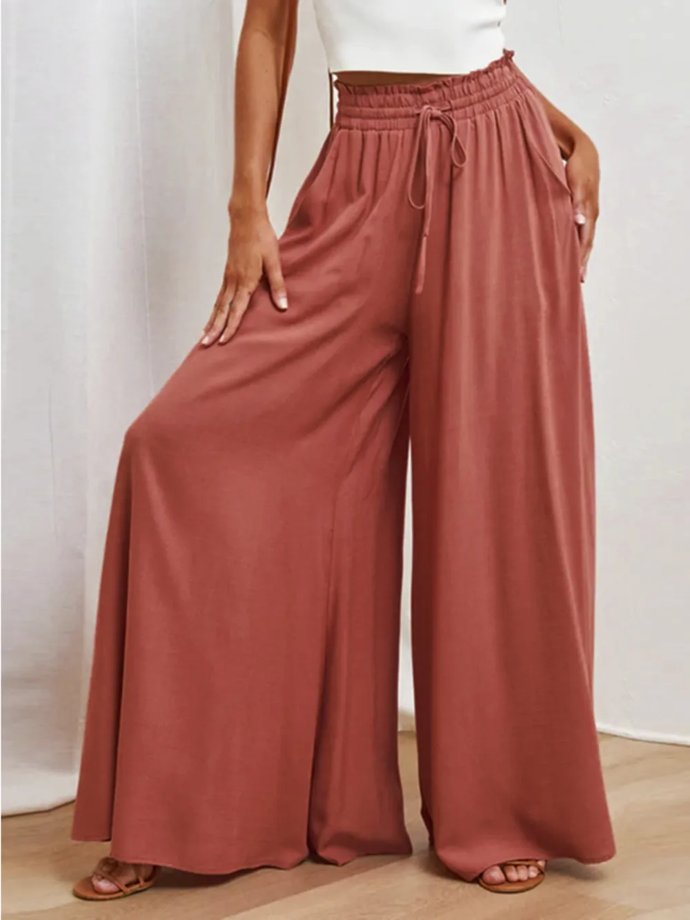 Drawstring Waist Wide Leg Pants, image 9