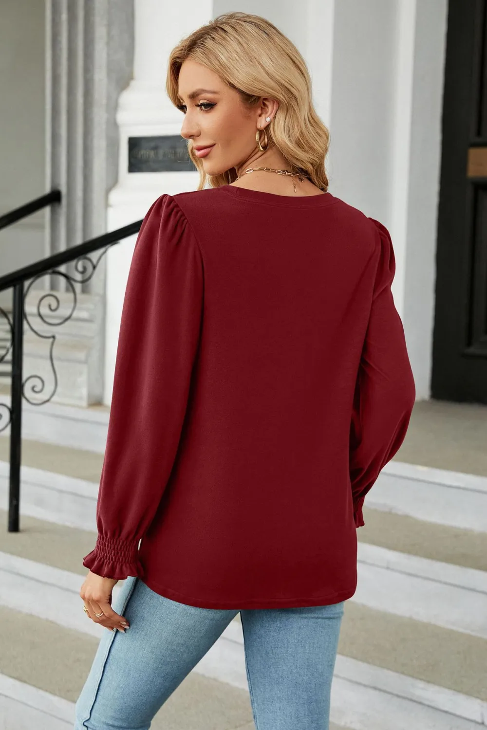 Round Neck Smocked Flounce Sleeve Blouse, image 7