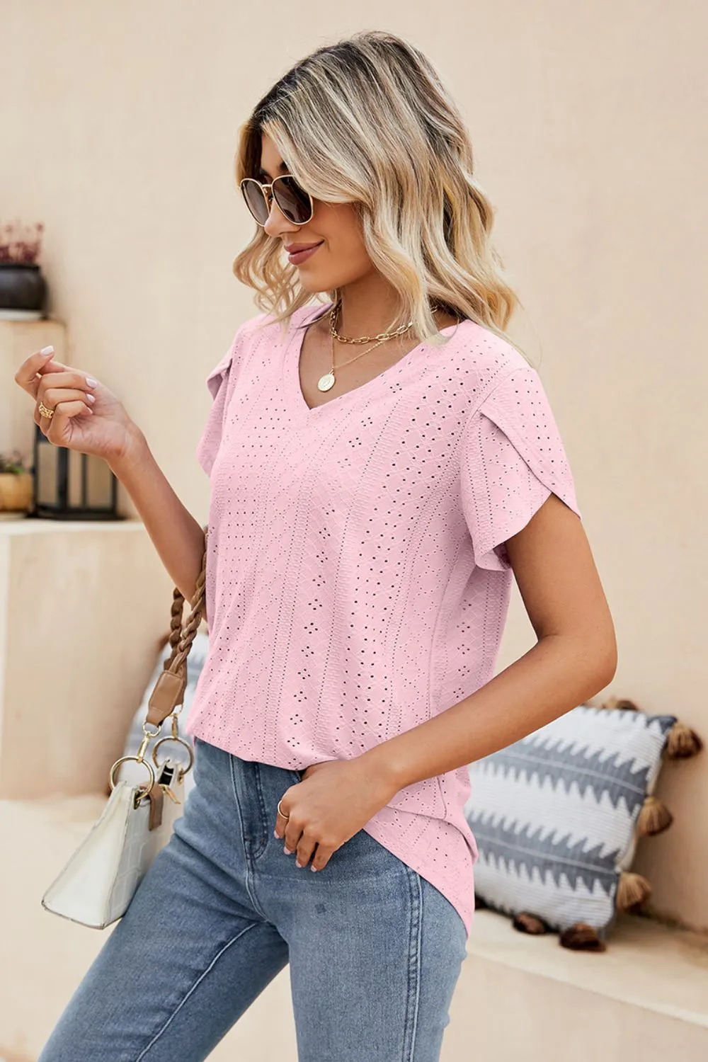Eyelet Petal Sleeve V-Neck Knit Top, image 4