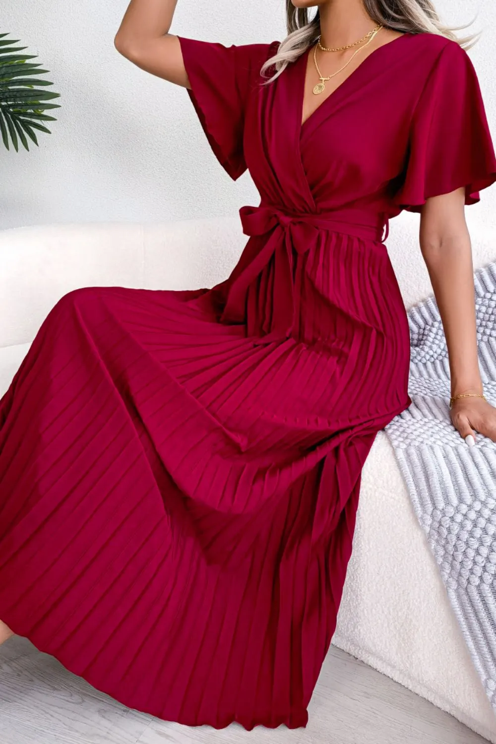 Pleated Flutter Sleeve Belted Dress, image 7