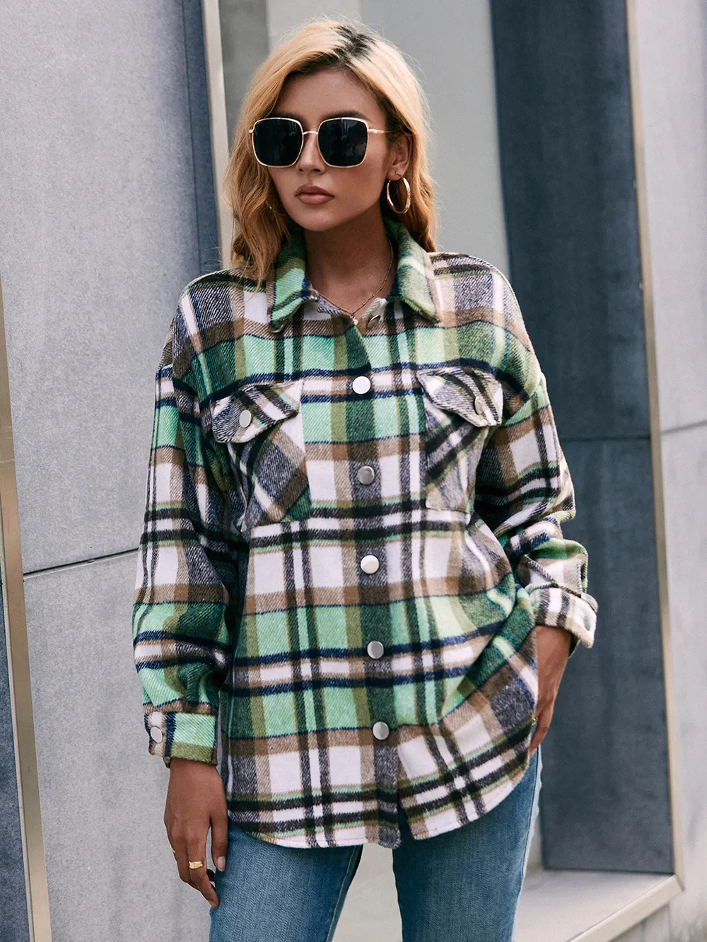 Meet You Outside Plaid Button Down Curved Hem Shacket, image 7