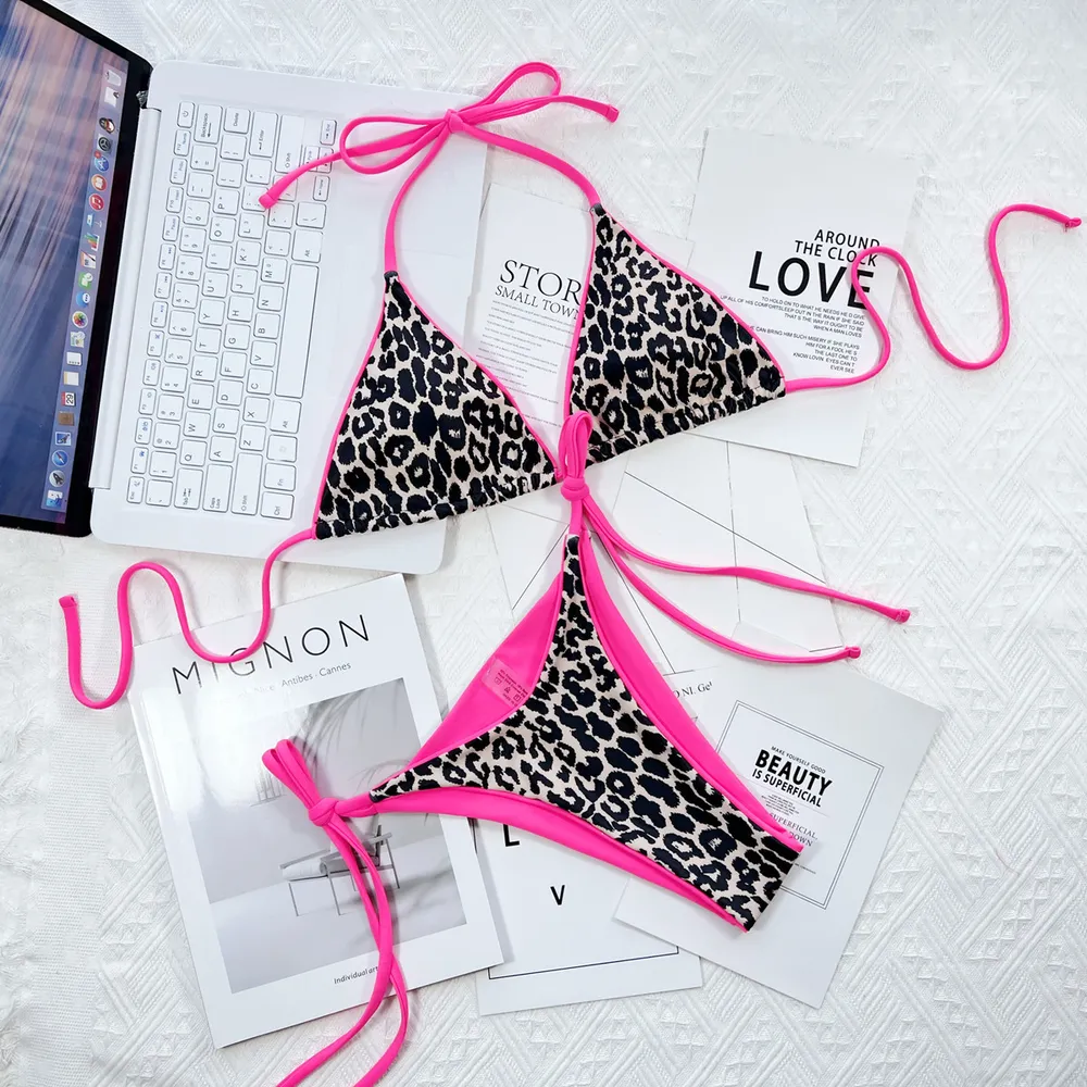 Leopard Print Halter Neck Tie Side Bikini Set, image 20