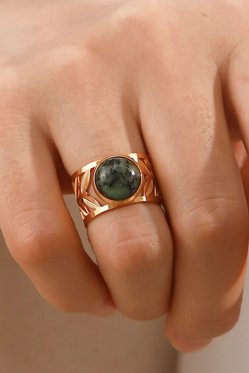 18k Gold Plated Malachite Leaf Ring, image 8