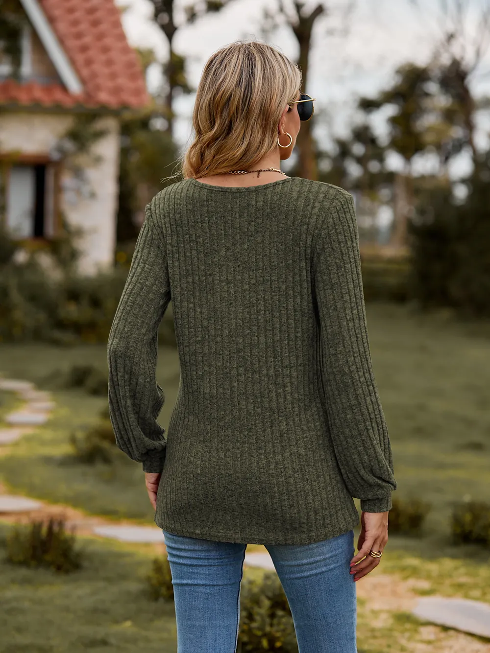 Round Neck Button-Down Long Sleeve Tee, image 24