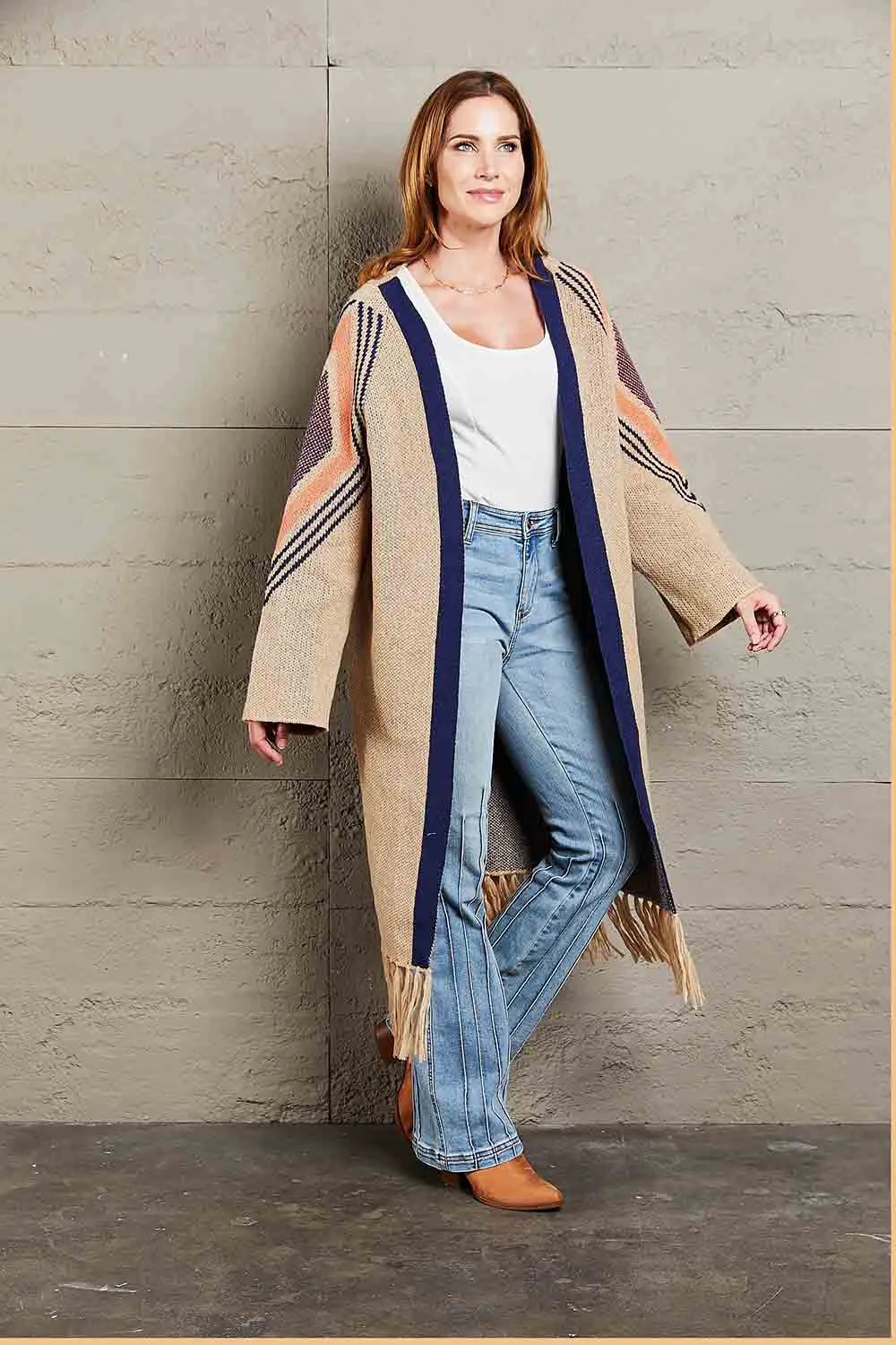Geometric Fringe Hem Open Front Duster Cardigan, image 5