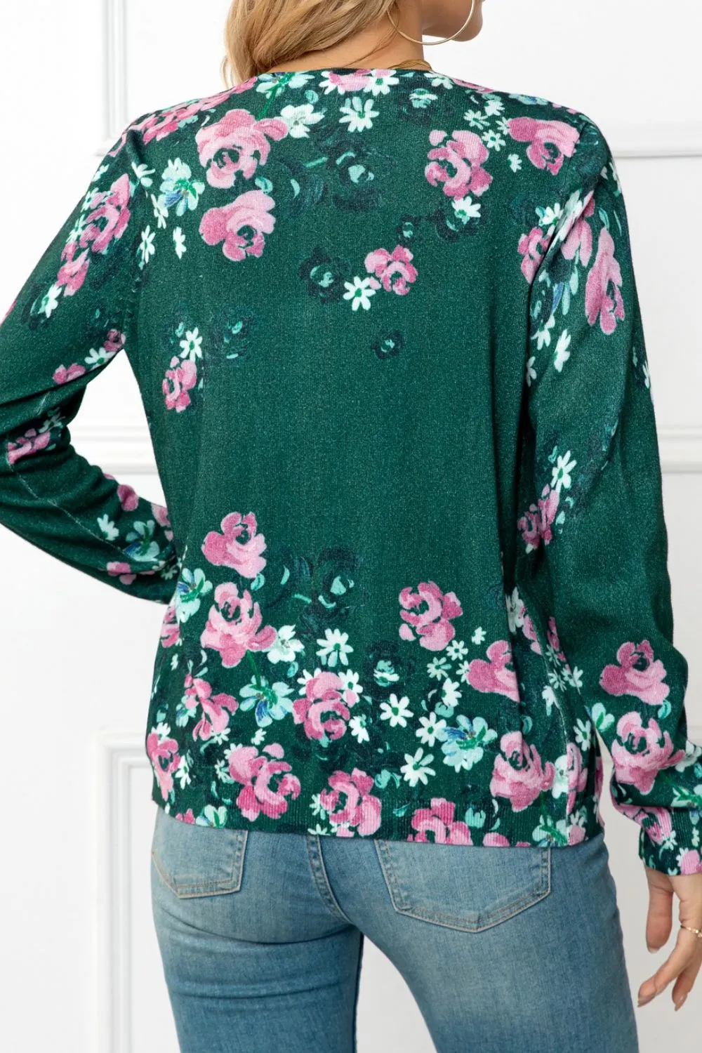 Floral Button Front Round Neck Cardigan, image 17