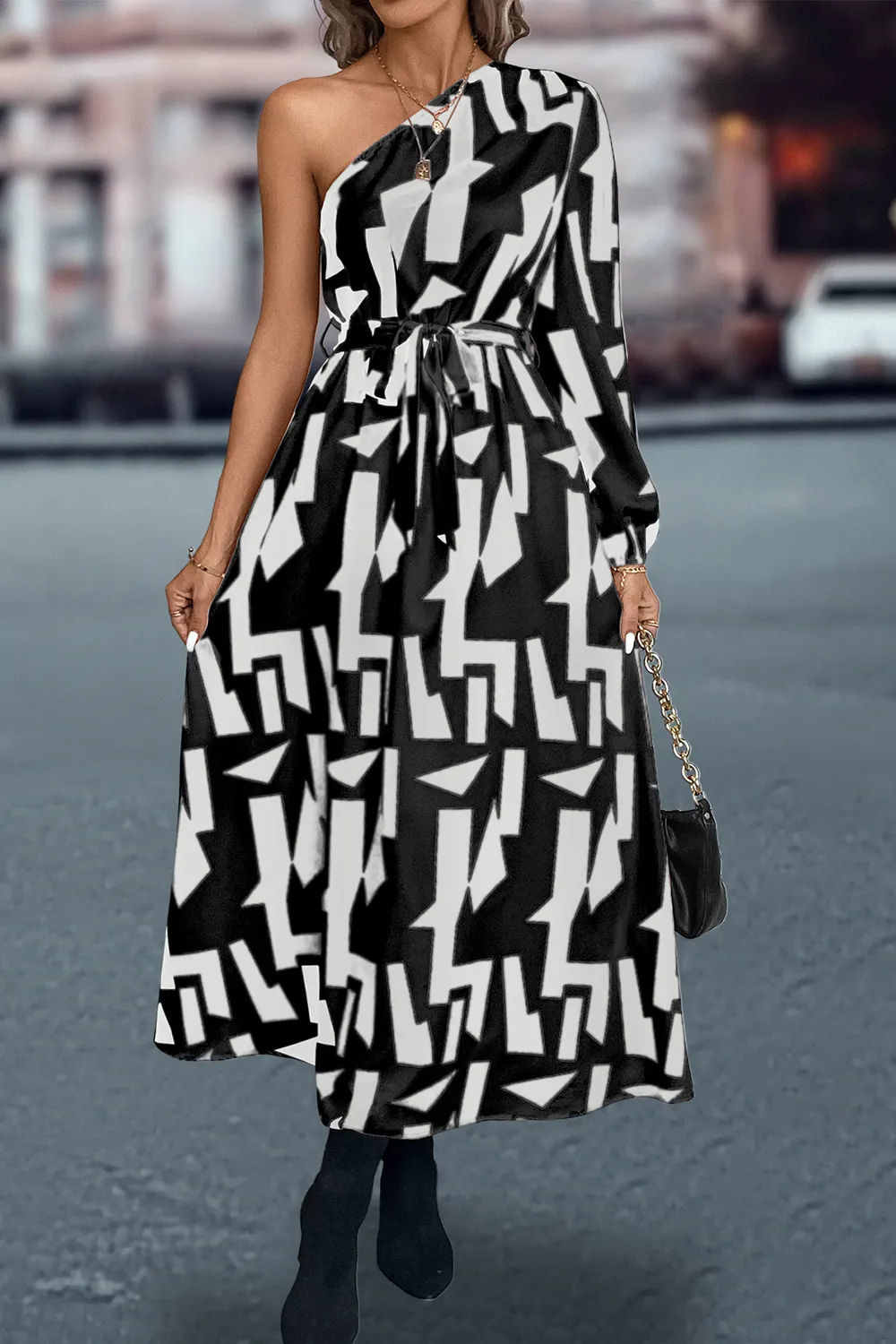 Printed One-Shoulder Tie Waist Dress, image 8