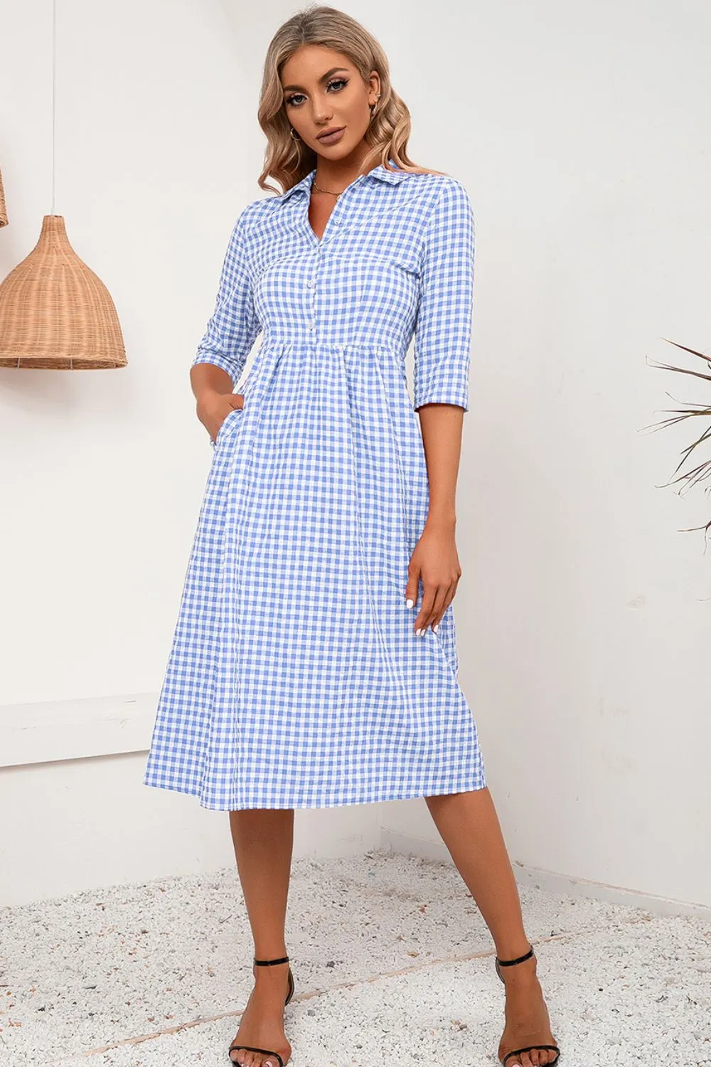 Plaid Collared Neck Midi Dress, image 6