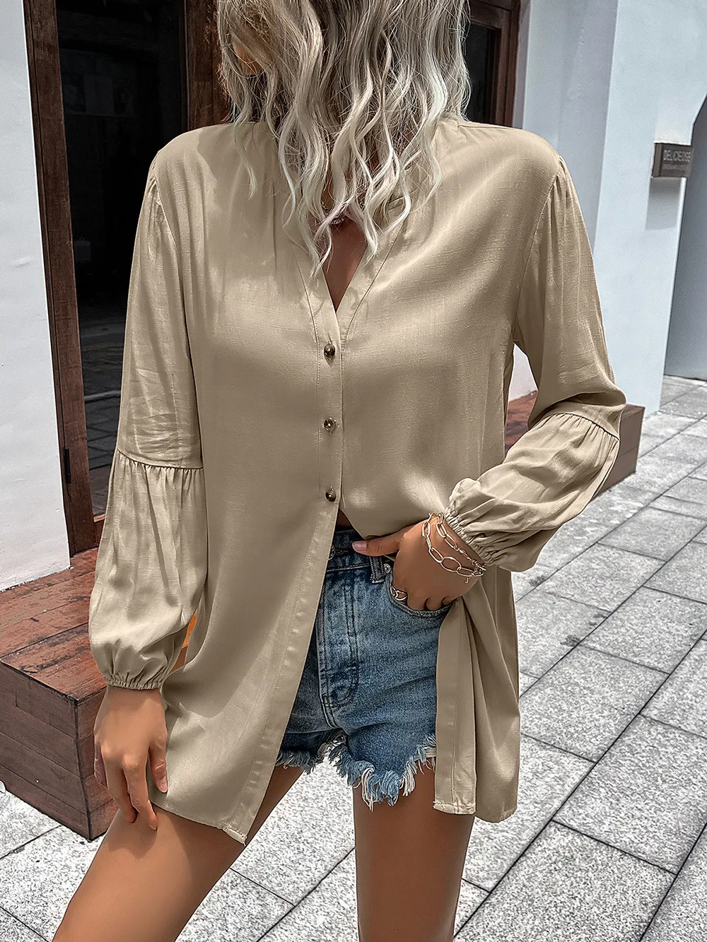 Notched Neck Balloon Sleeve Shirt, image 11