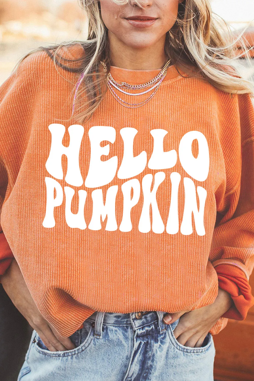 Round Neck Dropped Shoulder HELLO PUMPKIN Graphic Sweatshirt, image 3