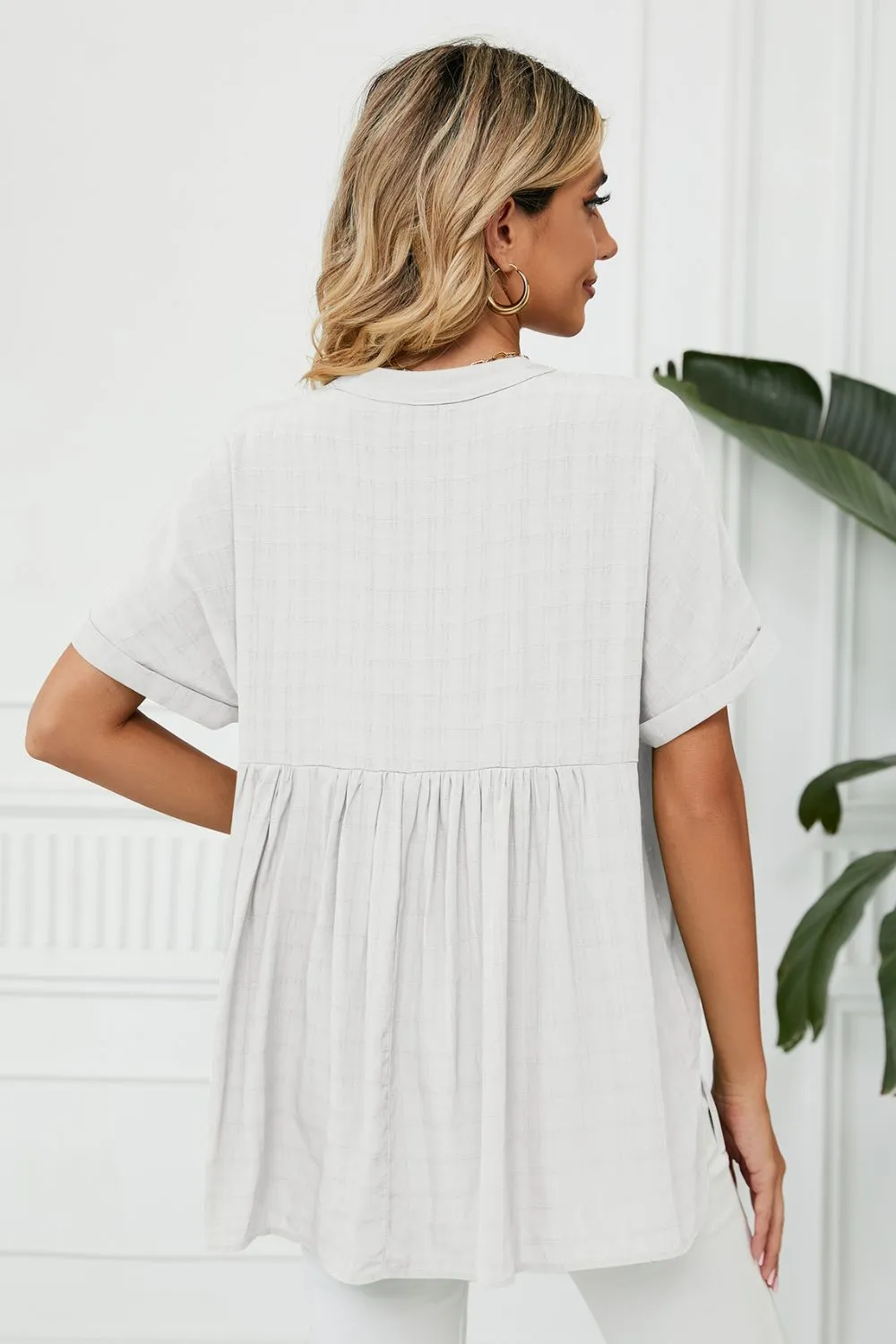 Side Slit Notched Neck Cuffed Short Sleeve Blouse, image 18