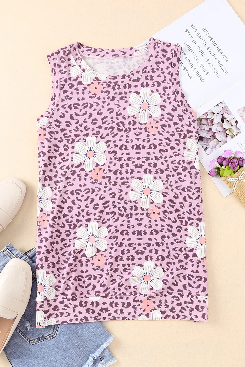 Printed Side Slit Round Neck Tank, image 14