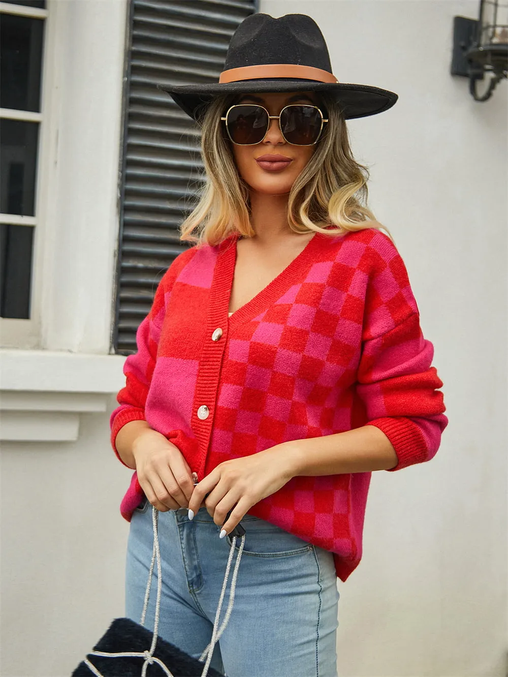 Plaid V-Neck Dropped Shoulder Cardigan, image 4