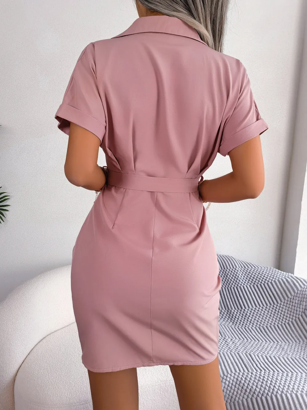 Button Down Ruched Tie Belt Dress, image 6